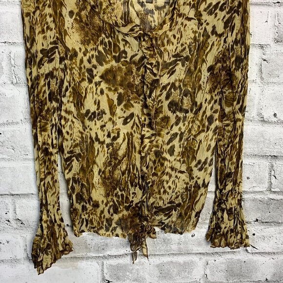 Vintage Y2K Sheer Leopard Print Flare Sleeve Ruffle V-Neck Blouse - Picture 3 of 12